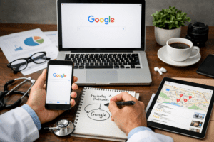 Médico atendendo paciente em consultório moderno, ambiente profissional, computador com resultados médicos na tela, iluminação natural, fotografia realista