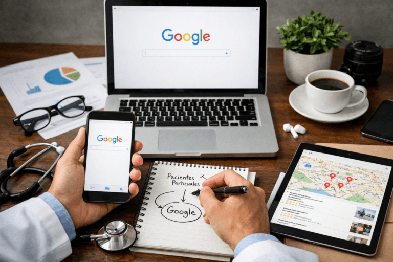 Médico atendendo paciente em consultório moderno, ambiente profissional, computador com resultados médicos na tela, iluminação natural, fotografia realista