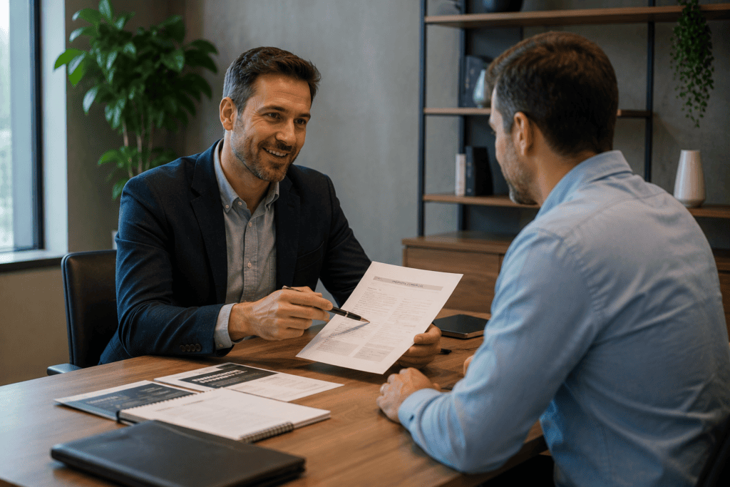 Profissional apresentando proposta comercial para cliente
