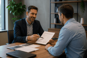 Profissional apresentando proposta comercial para cliente